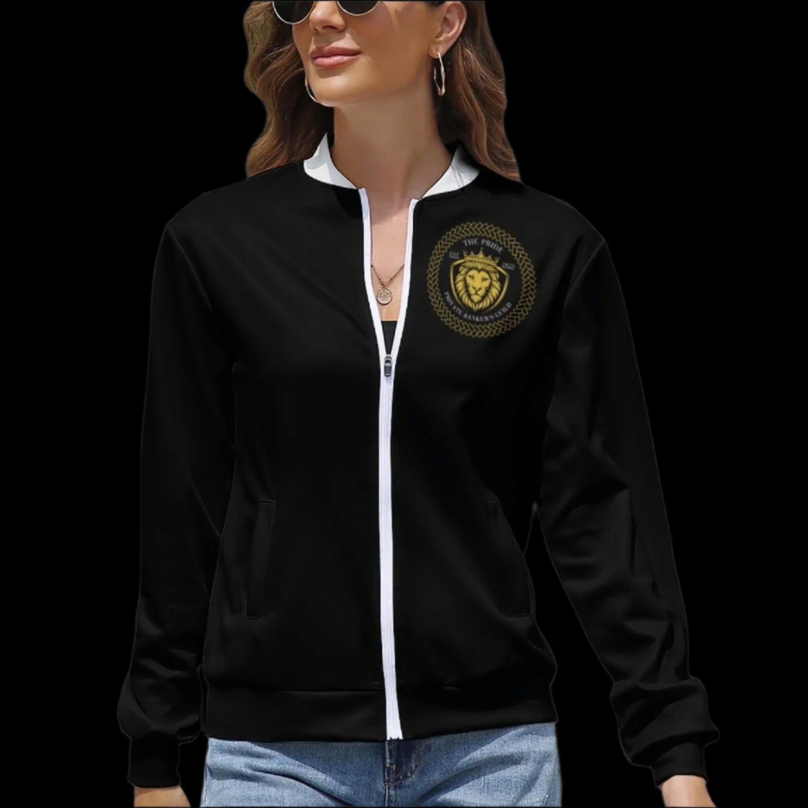 Black jacket with a lion emblem worn by a person on a white background